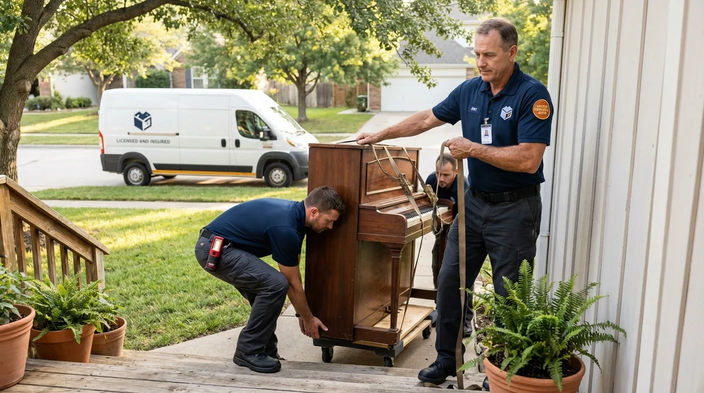Licensed piano movers securing grand piano in Stevensville, MT