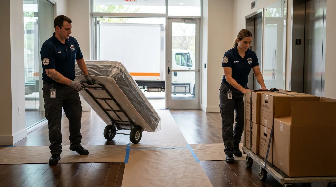 Professional apartment movers loading elevator in Stevensville, MT