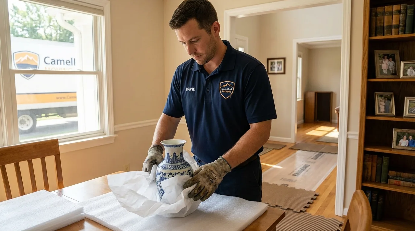 Professional crew carefully wrapping antique vase for senior downsizing move in Stevensville, MT